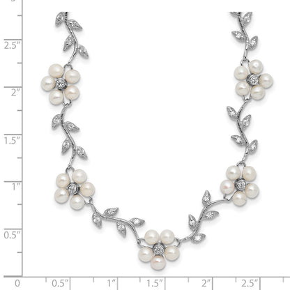Sterling Silver Rhodium-Plated Cz Vine Pattern And Fresheater Cultured Pearl Floral 16 Inch Necklace
