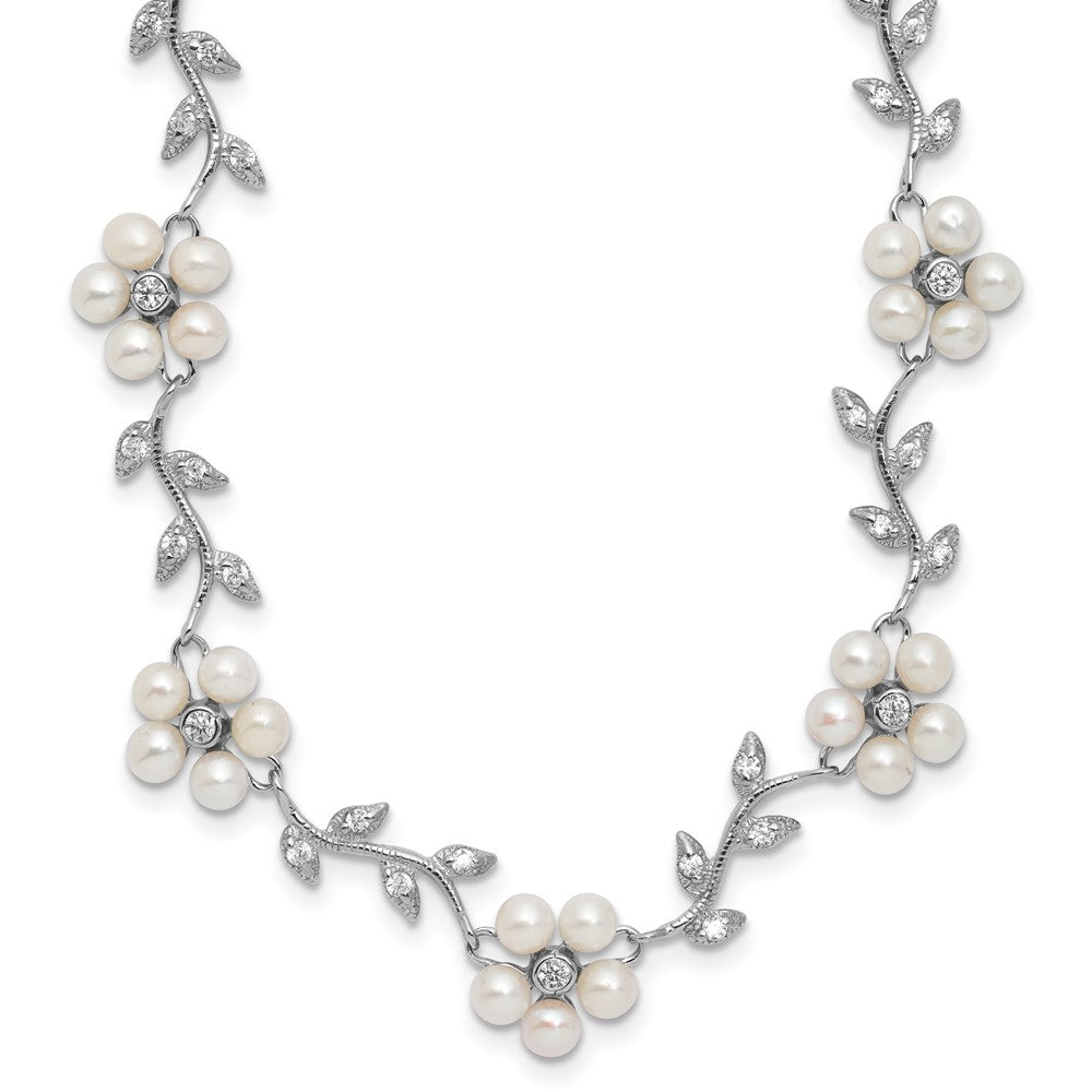 Sterling Silver Rhodium-Plated Cz Vine Pattern And Fresheater Cultured Pearl Floral 16 Inch Necklace