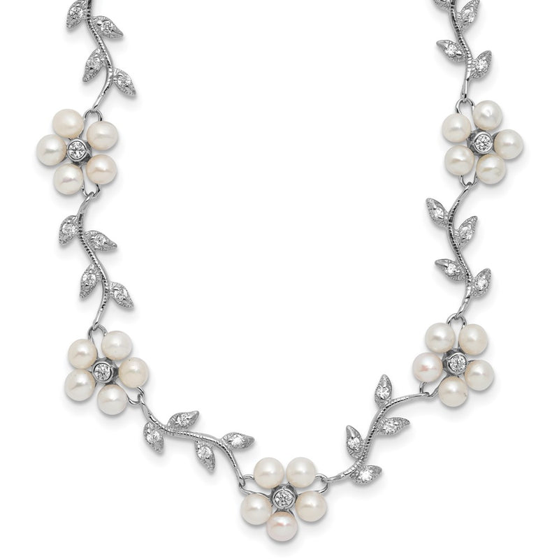 Sterling Silver Rhodium-Plated Cz Vine Pattern And Fresheater Cultured Pearl Floral 16 Inch Necklace