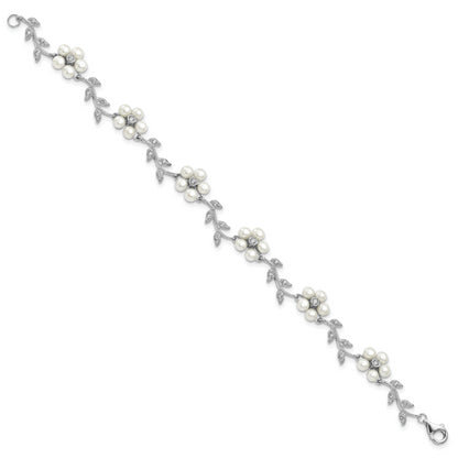 Sterling Silver Rhodium-Plated Cz Vine Pattern And Fresheater Cultured Pearl Floral 7 Inch Bracelet