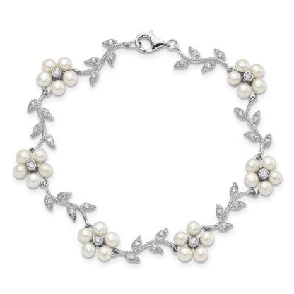 Sterling Silver Rhodium-Plated Cz Vine Pattern And Fresheater Cultured Pearl Floral 7 Inch Bracelet