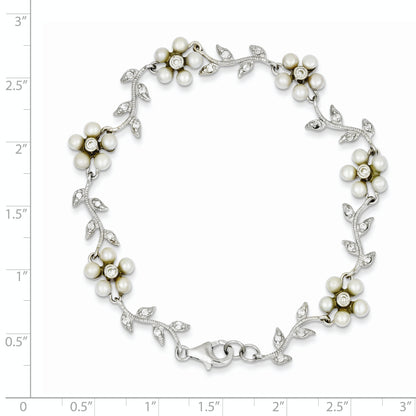 Sterling Silver Rhodium-Plated Cz Vine Pattern And Fresheater Cultured Pearl Floral 7 Inch Bracelet