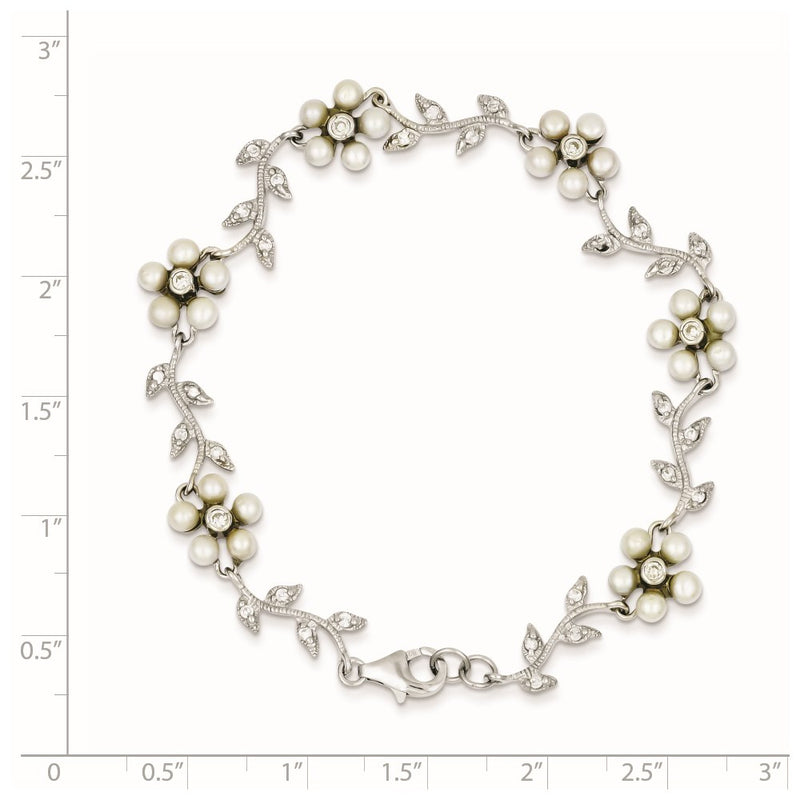 Sterling Silver Rhodium-Plated Cz Vine Pattern And Fresheater Cultured Pearl Floral 7 Inch Bracelet