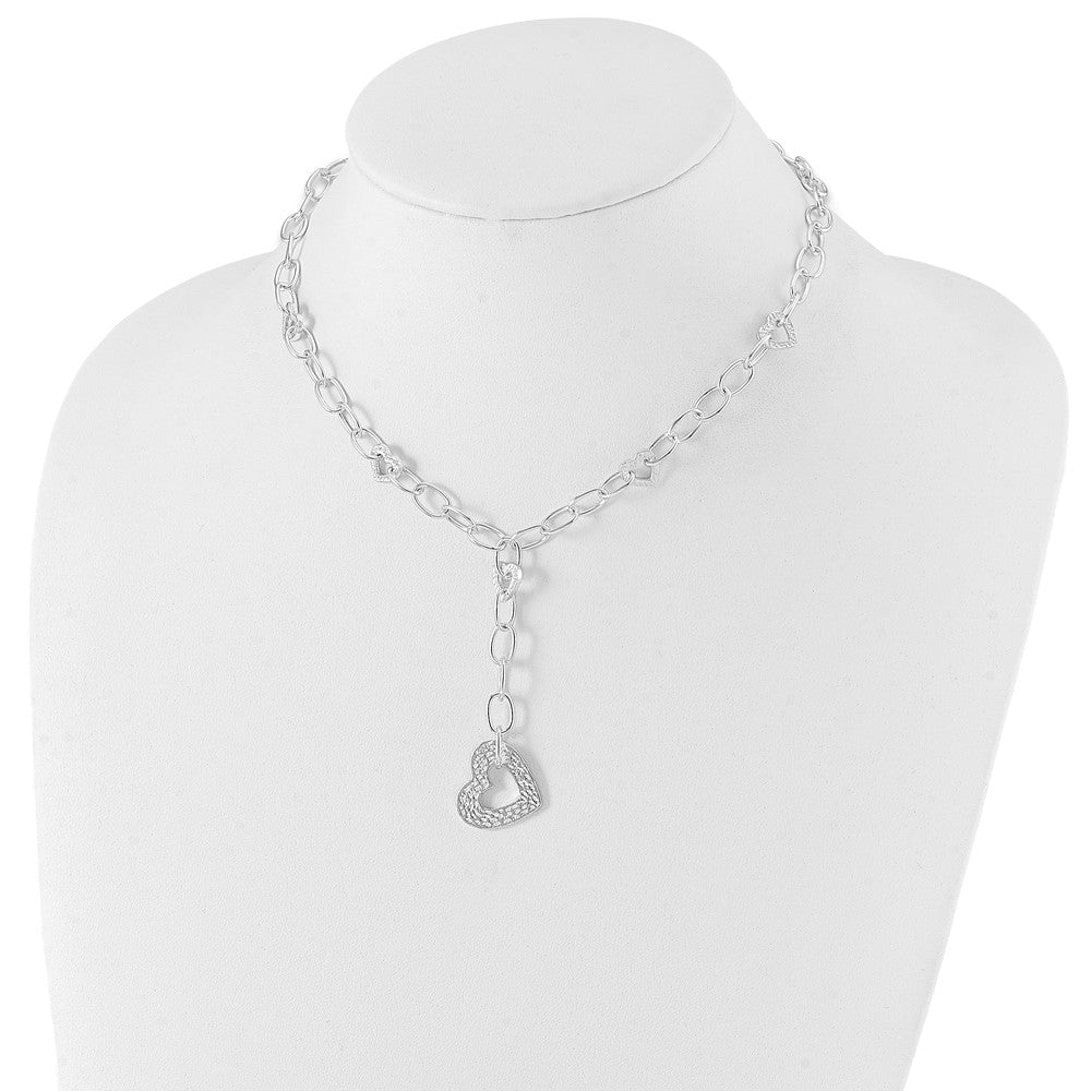 Sterling Silver Polished & Textured Heart Drop Necklace
