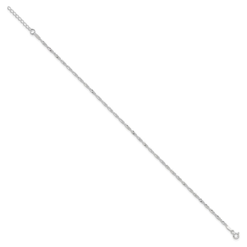 9 Inch Sterling Silver 2mm Singapore 9In Plus 1In Ext. Chain Anklet
