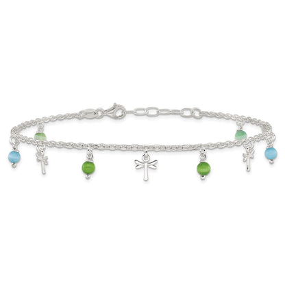 Sterling Silver Dragonfly With Aqua Green Beads 1Ext Anklet
