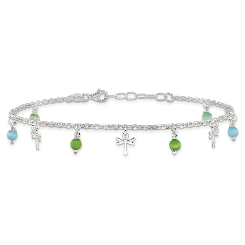 Sterling Silver Dragonfly With Aqua Green Beads 1Ext Anklet