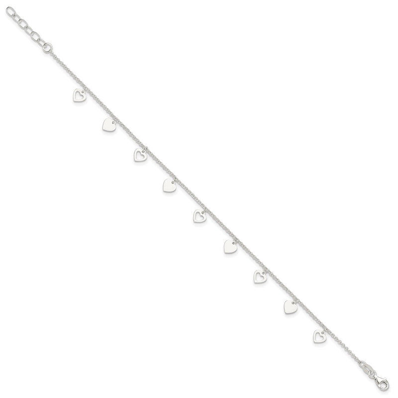 Sterling Silver Polished Hearts 9In Plus 1In Ext. Anklet