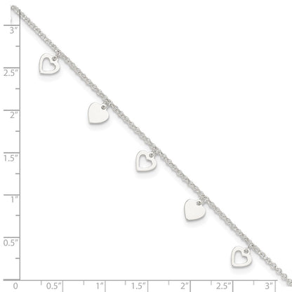 Sterling Silver Polished Hearts 9In Plus 1In Ext. Anklet