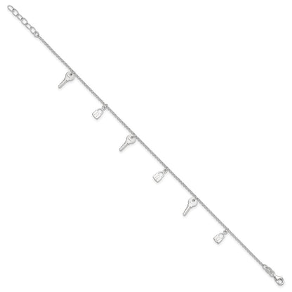 Sterling Silver Polished Lock And Key 9In Plus 1In Ext. Anklet