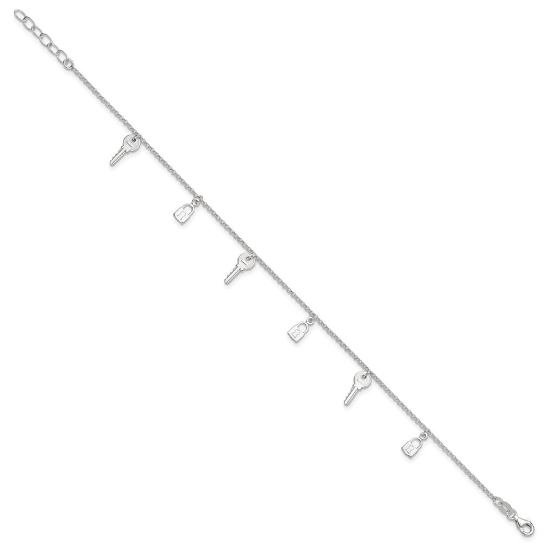 Sterling Silver Polished Lock And Key 9In Plus 1In Ext. Anklet