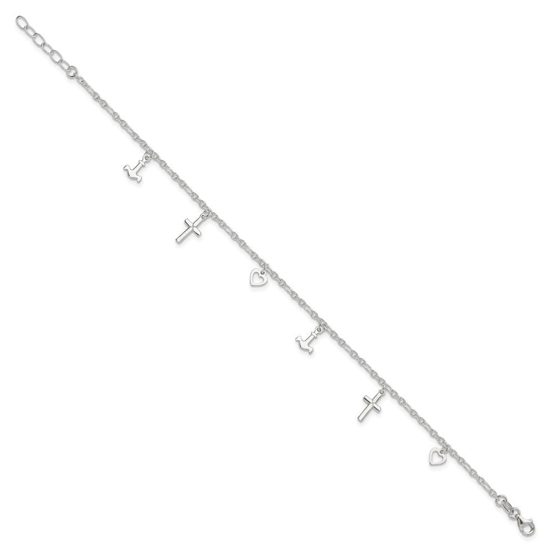Sterling Silver Cross Heart And Anchor 9In Plus 1In Ext Anklet