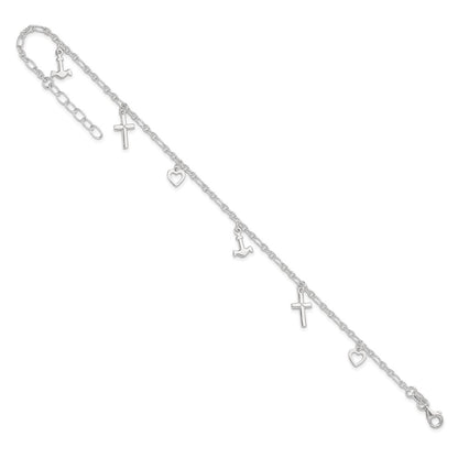 Sterling Silver Cross Heart And Anchor 9In Plus 1In Ext Anklet