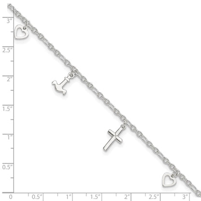 Sterling Silver Cross Heart And Anchor 9In Plus 1In Ext Anklet