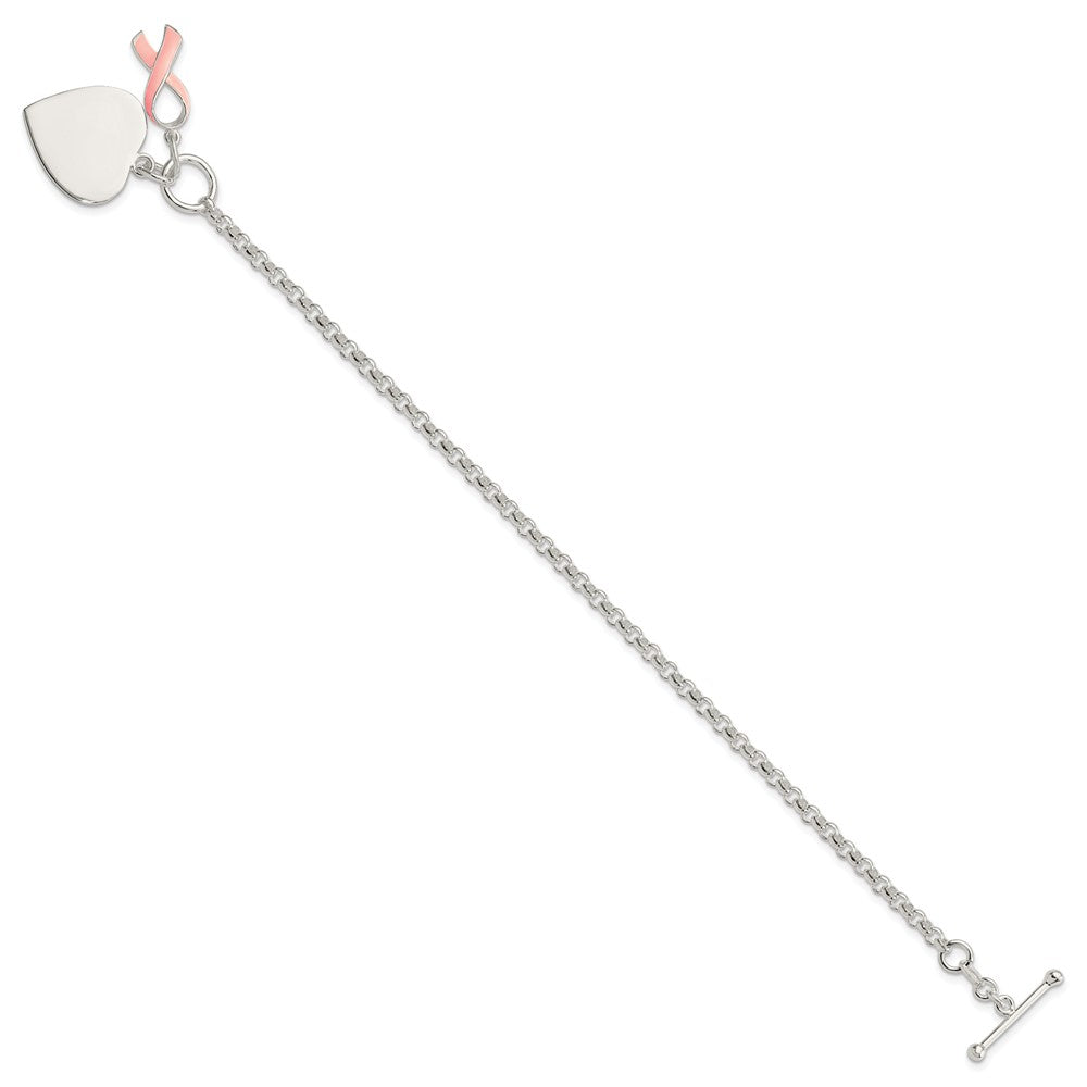 7.5 Inch Sterling Silver Fancy Engraveable Heart With Pink Ribbon Bracelet