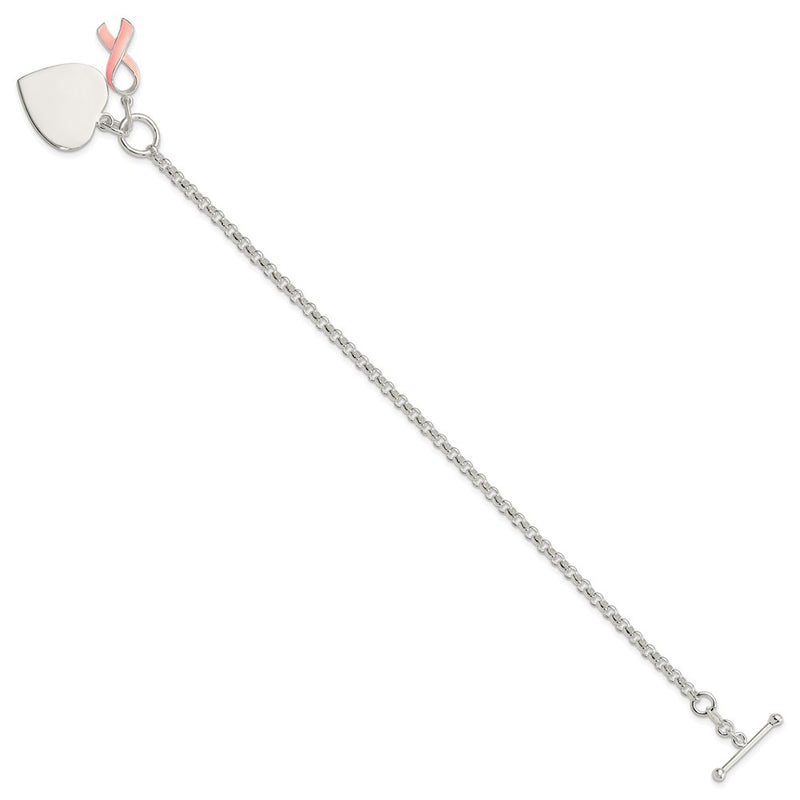 7.5 Inch Sterling Silver Fancy Engraveable Heart With Pink Ribbon Bracelet