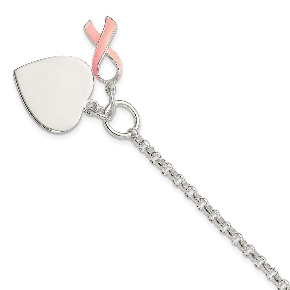 7.5 Inch Sterling Silver Fancy Engraveable Heart With Pink Ribbon Bracelet