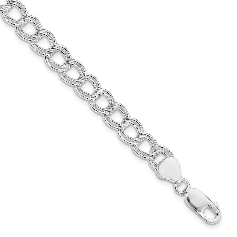 Sterling Silver Rhodium Plated 7.5mm Semi-Solid Double Link Charm Bracelet