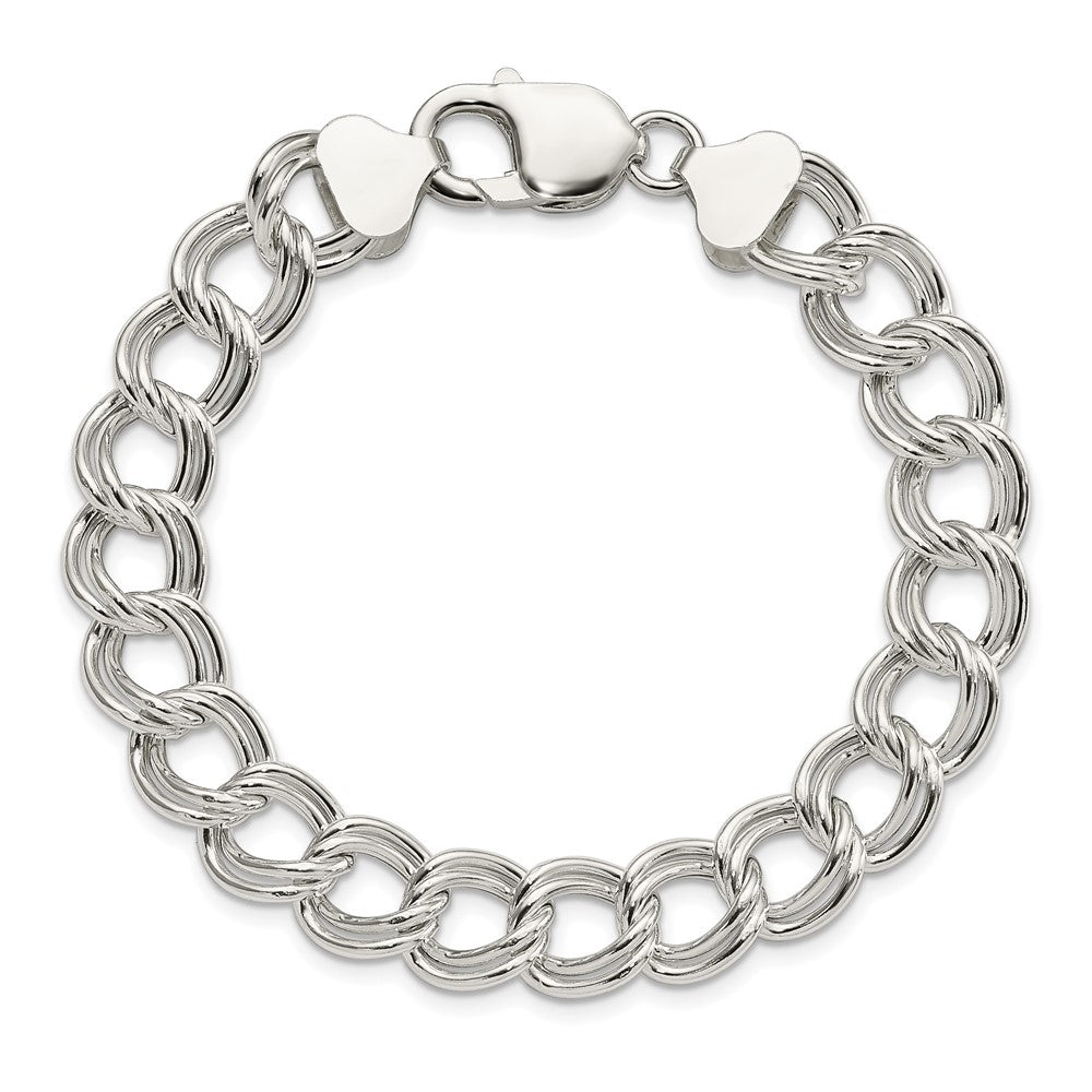 8.5 Inch Sterling Silver 10.5mm Semi-Solid Double Link Charm Bracelet