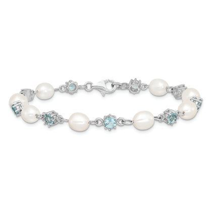 7 Inch Sterling Silver Rhodium Blue Cz Fw Cultured Pearl Bracelet