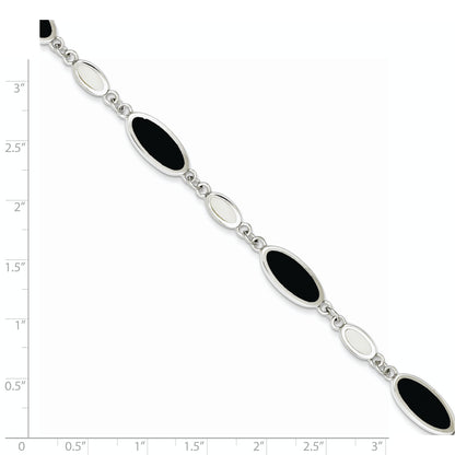 7 Inch Sterling Silver Rhodium-Plated Onyx And Mother Of Pearl Bracelet