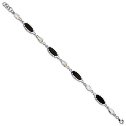 7 Inch Sterling Silver Rhodium-Plated Onyx And Mother Of Pearl Bracelet