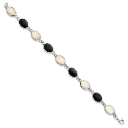 7 Inch Sterling Silver Rhodium-Plated Onyx And Mother Of Pearl Bracelet