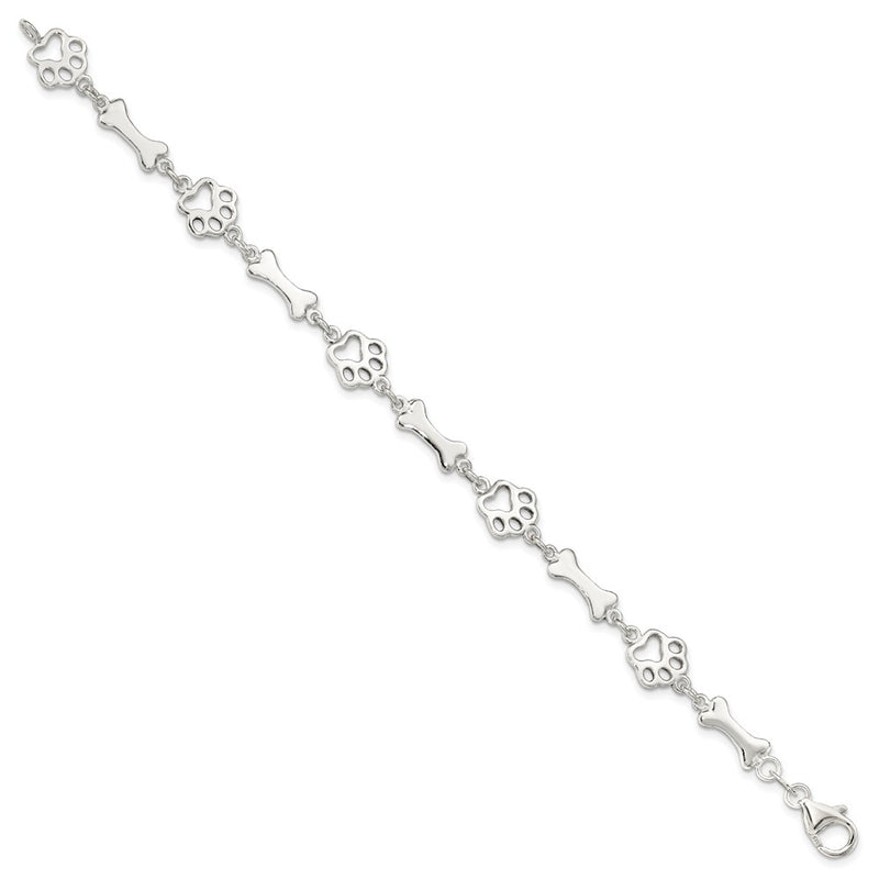 7.5 Inch Sterling Silver Dog Bones And Paws Bracelet