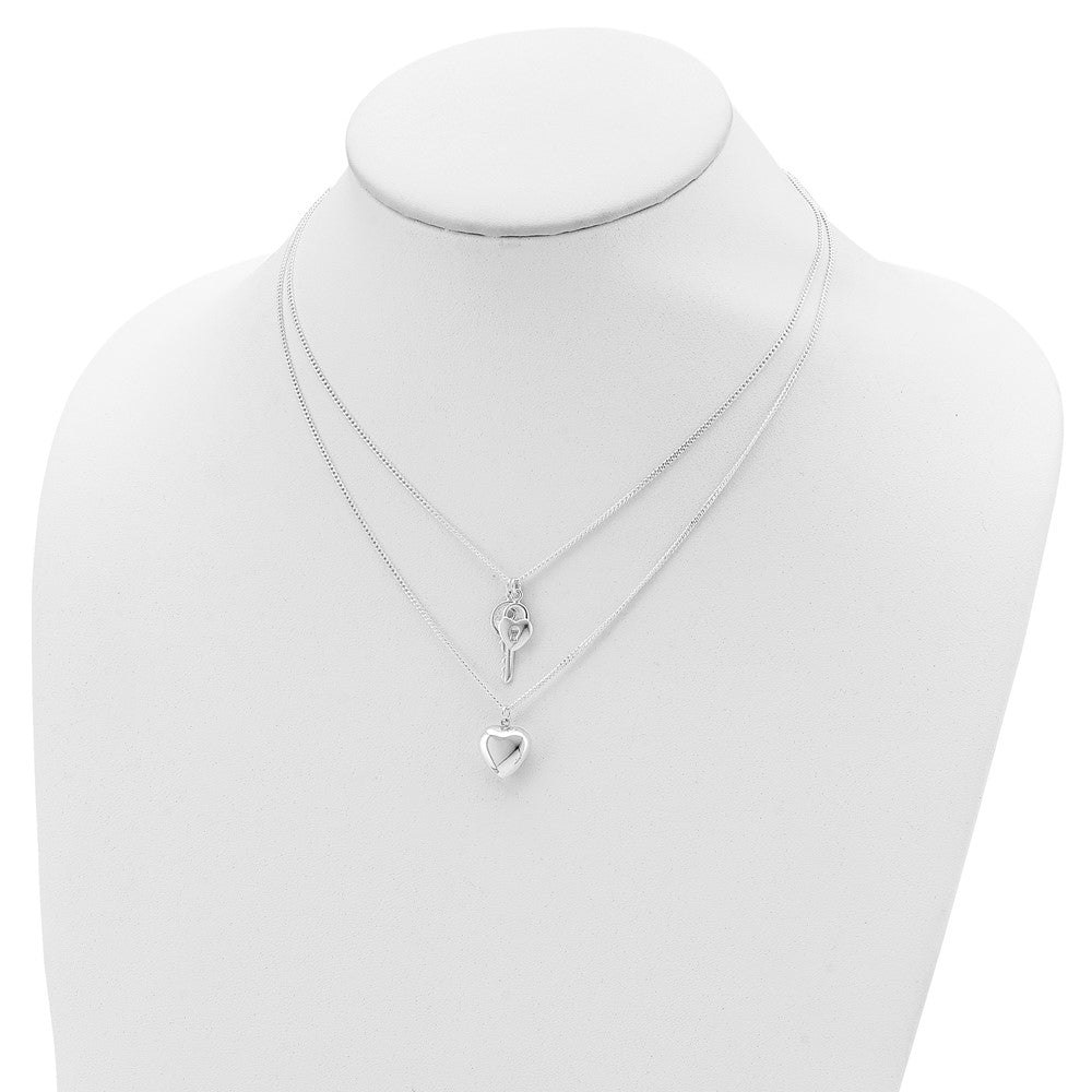 Sterling Silver 2-Strand Heart And Key Necklace