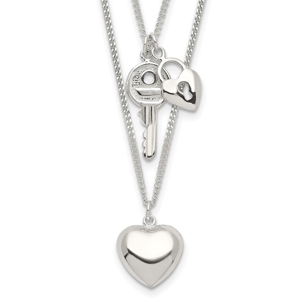Sterling Silver 2-Strand Heart And Key Necklace