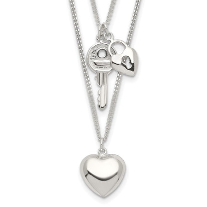 Sterling Silver 2-Strand Heart And Key Necklace