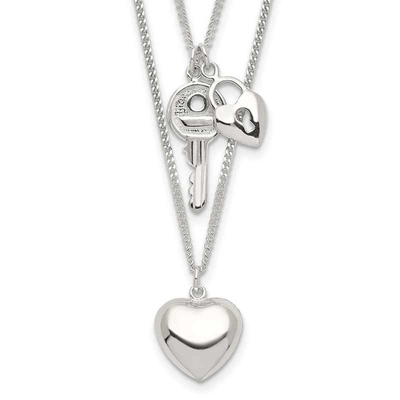 Sterling Silver 2-Strand Heart And Key Necklace