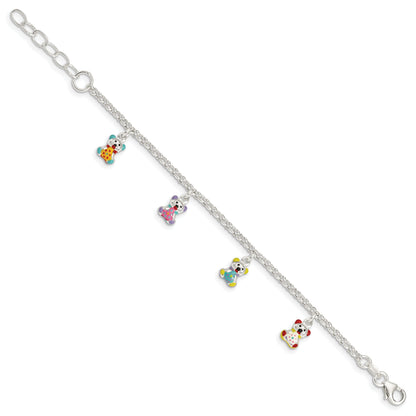 6 Inch Sterling Silver Multi-Color Enameled Bears W/ 1In Ext Children'S Bracelet