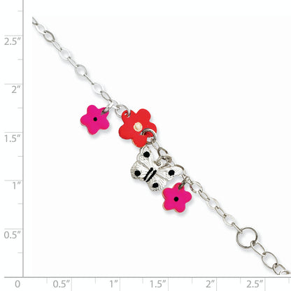 6 Inch Sterling Silver Polished & Textured Multi-Color Enameled Floral Butterfly With 1 Extension Children'S Id Bracelet