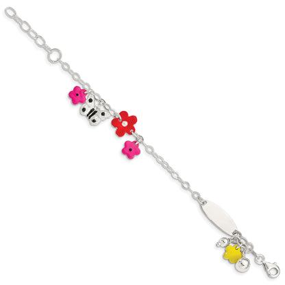 6 Inch Sterling Silver Polished & Textured Multi-Color Enameled Floral Butterfly With 1 Extension Children'S Id Bracelet