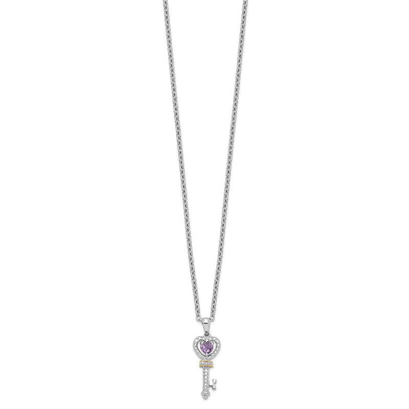 Sterling Silver Brilliant Gemstones With 14K Accent Rhodium-Plated Amethyst And Diamond Key 18 Inch Necklace 2 Extender