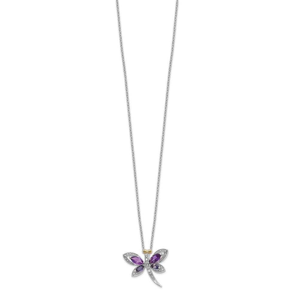 Sterling Silver Brilliant Gemstones With 14K Accent Rhodium-Plated Amethyst And Iolite Diamond Dragonfly 18 Inch Necklace 2 Extender