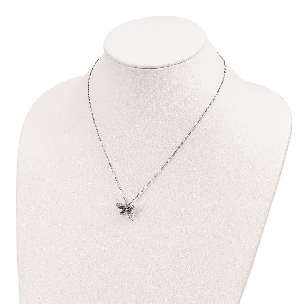Sterling Silver Brilliant Gemstones With 14K Accent Rhodium-Plated Amethyst And Iolite Diamond Dragonfly 18 Inch Necklace 2 Extender