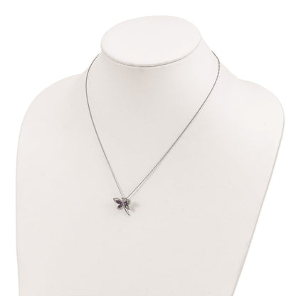 Sterling Silver Brilliant Gemstones With 14K Accent Rhodium-Plated Amethyst And Iolite Diamond Dragonfly 18 Inch Necklace 2 Extender