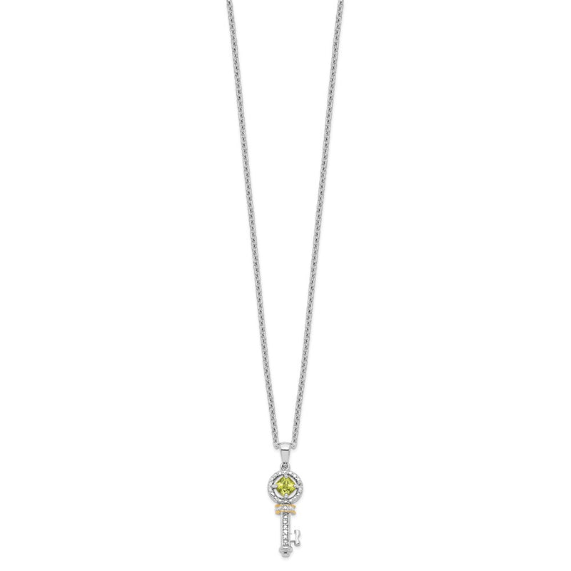 Sterling Silver Brilliant Gemstones With 14K Accent Rhodium-Plated Peridot And Diamond Key 18 Inch Necklace 2 Extender