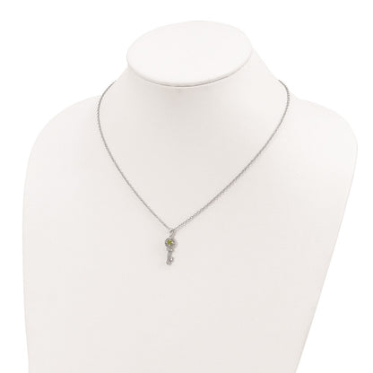 Sterling Silver Brilliant Gemstones With 14K Accent Rhodium-Plated Peridot And Diamond Key 18 Inch Necklace 2 Extender