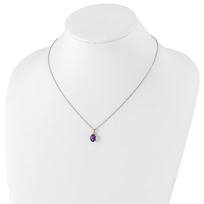 Sterling Silver Brilliant Gemstones With 14K Accent Rhodium-Plated Amethyst And Diamond 18 Inch Necklace 2 Extender