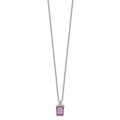 Sterling Silver Brilliant Gemstones With 14K Accent Rhodium-Plated Amethyst And Diamond 18 Inch Necklace 2 Extender