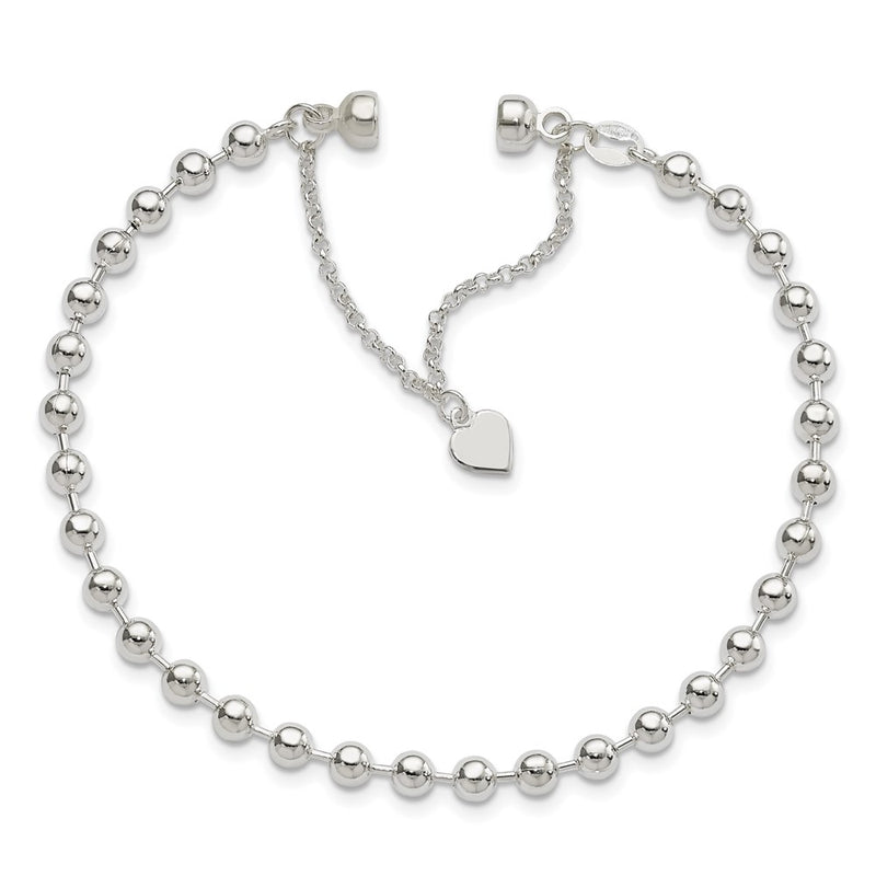 Sterling Silver Polished 4mm Beaded Dangling Heart 7.5 Inch Charm Bracelet With Magnetic Clasp