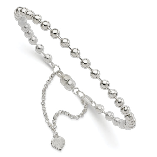 Sterling Silver Polished 4mm Beaded Dangling Heart 7.5 Inch Charm Bracelet With Magnetic Clasp
