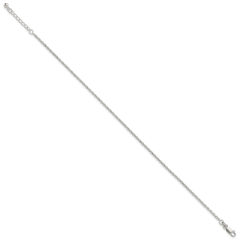 Sterling Silver Adjustable Diamond-Cut Rope 9In Plus 1In Ext. Anklet