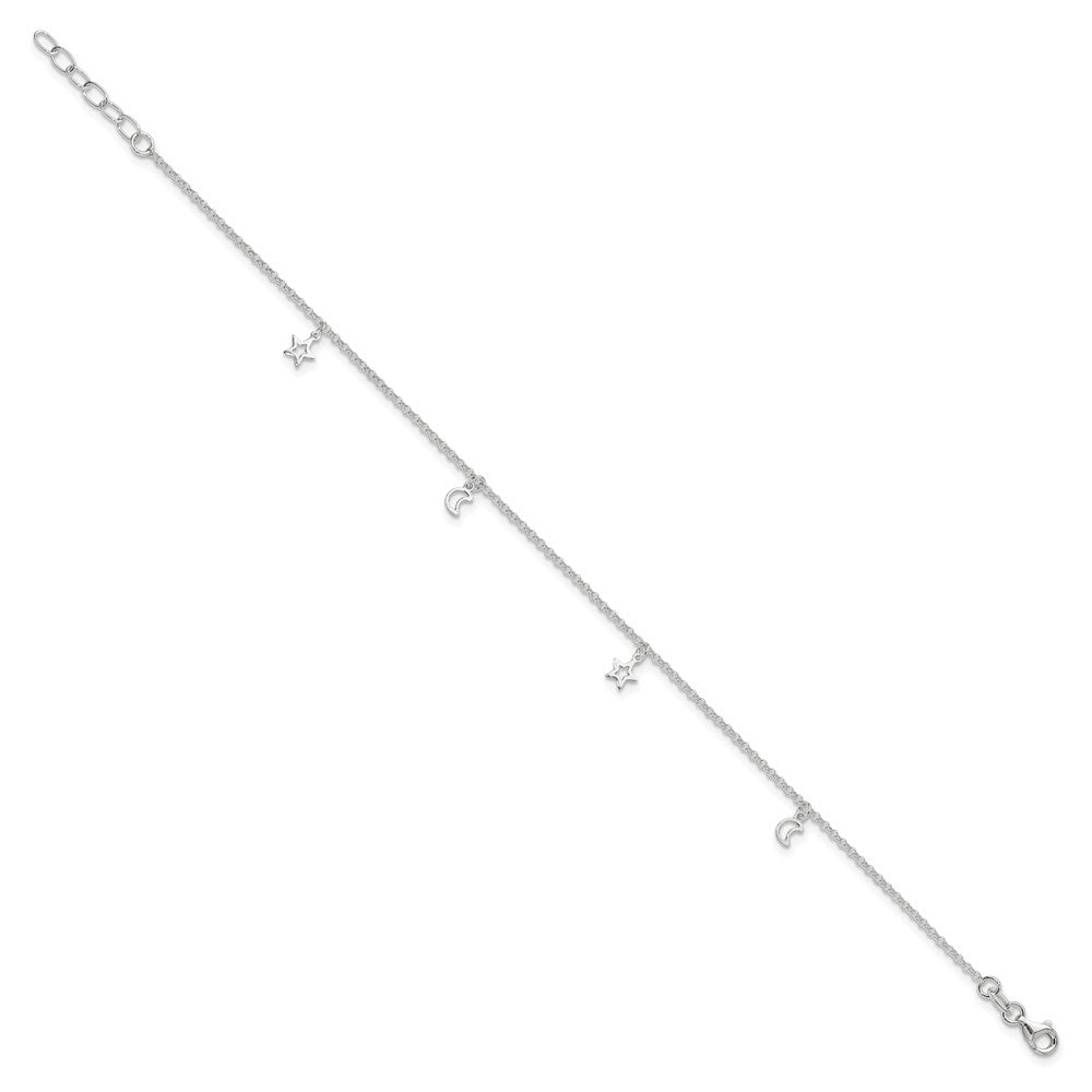Sterling Silver Moon And Stars 9In Plus 1In Ext. Anklet
