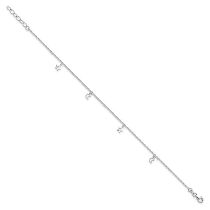 Sterling Silver Moon And Stars 9In Plus 1In Ext. Anklet