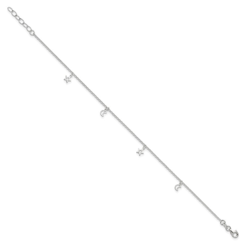 Sterling Silver Moon And Stars 9In Plus 1In Ext. Anklet