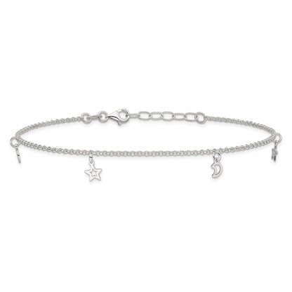 Sterling Silver Moon And Stars 9In Plus 1In Ext. Anklet